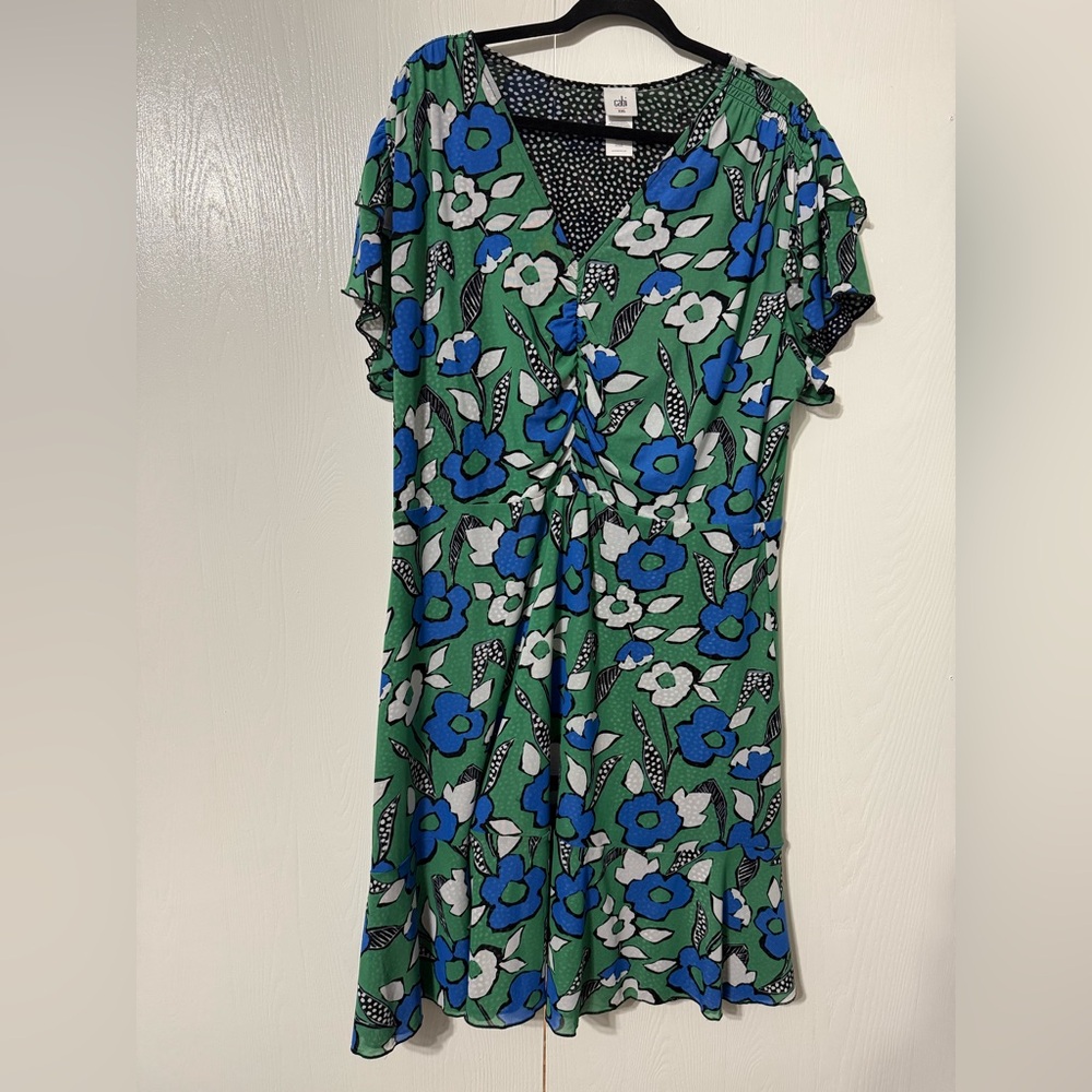 CAbi XXL Celebrate Dress in Comic Strip Floral Reversible Green Blue 6148